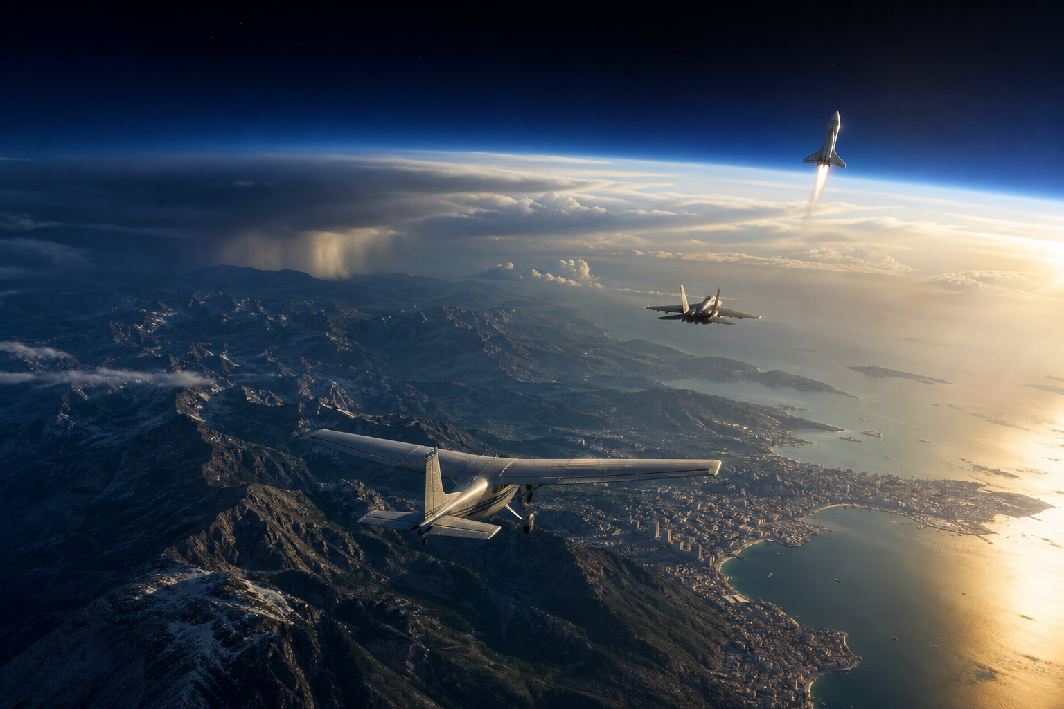 Aircraft, fighter and spacecraft flying away over the real Earth